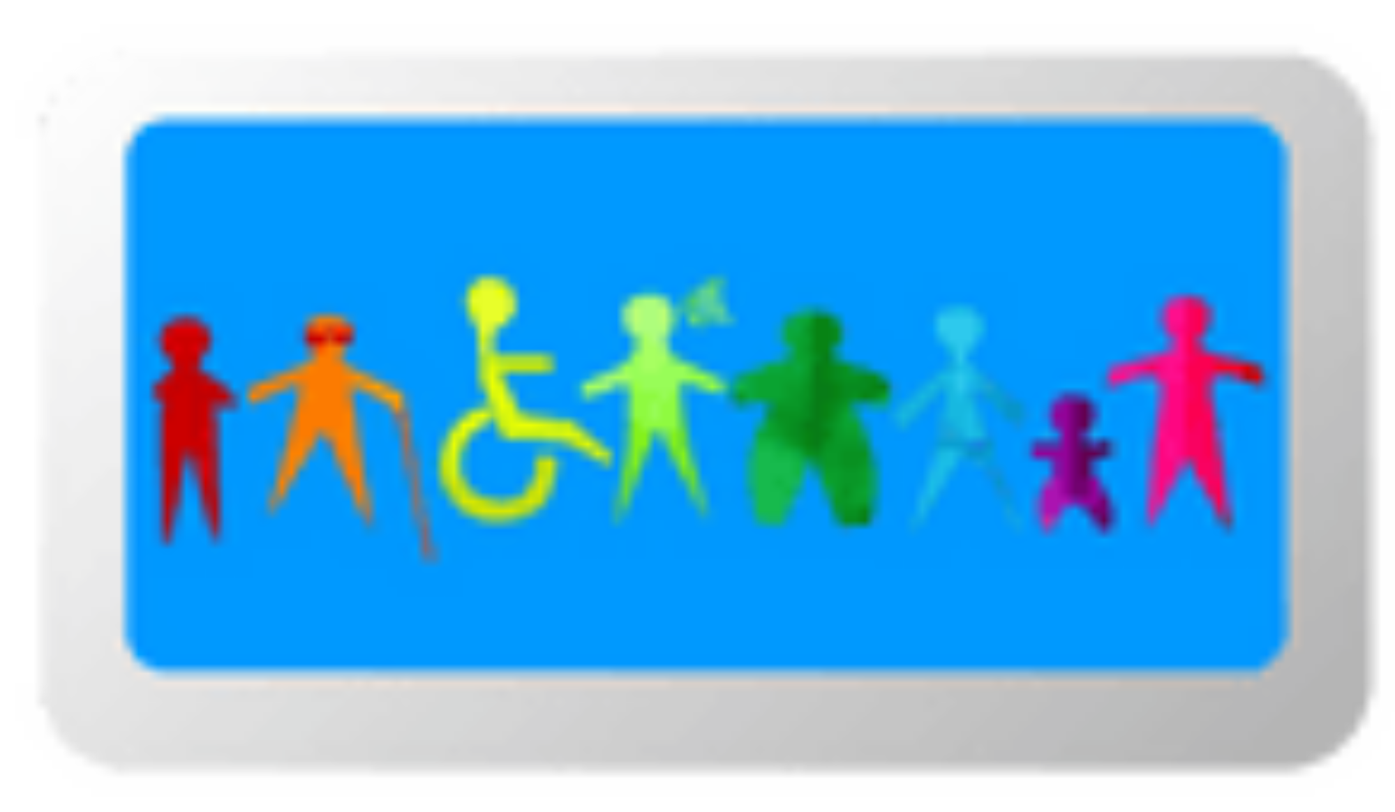 logo of stick people of various colours with different abilities and sizes on a blue background.