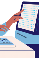 A finger pointing to code on a computer screen.